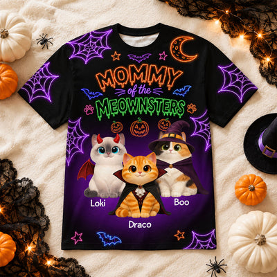 Neon Theme Mommy Daddy Of The Meownsters Cats - Personalized Shirt - Halloween Gift For Cat Lovers