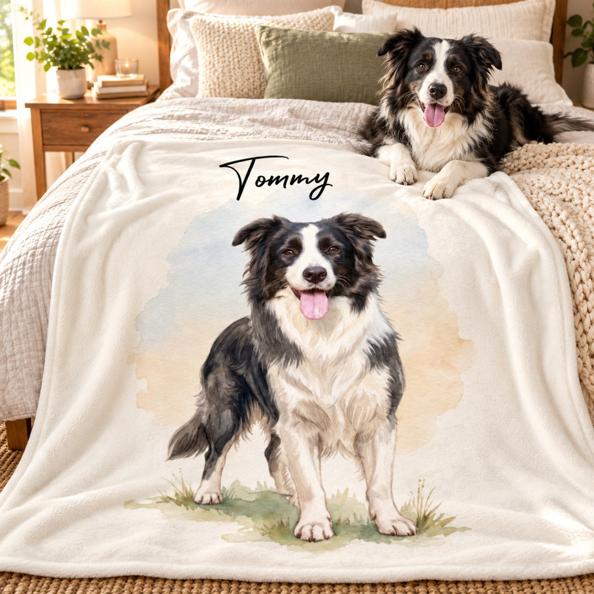 Custom Dog Cat Watercolor Portrait from Photo - Personalized Fleece Blanket - Christmas Gift for Dog Lovers, Memorial Gift