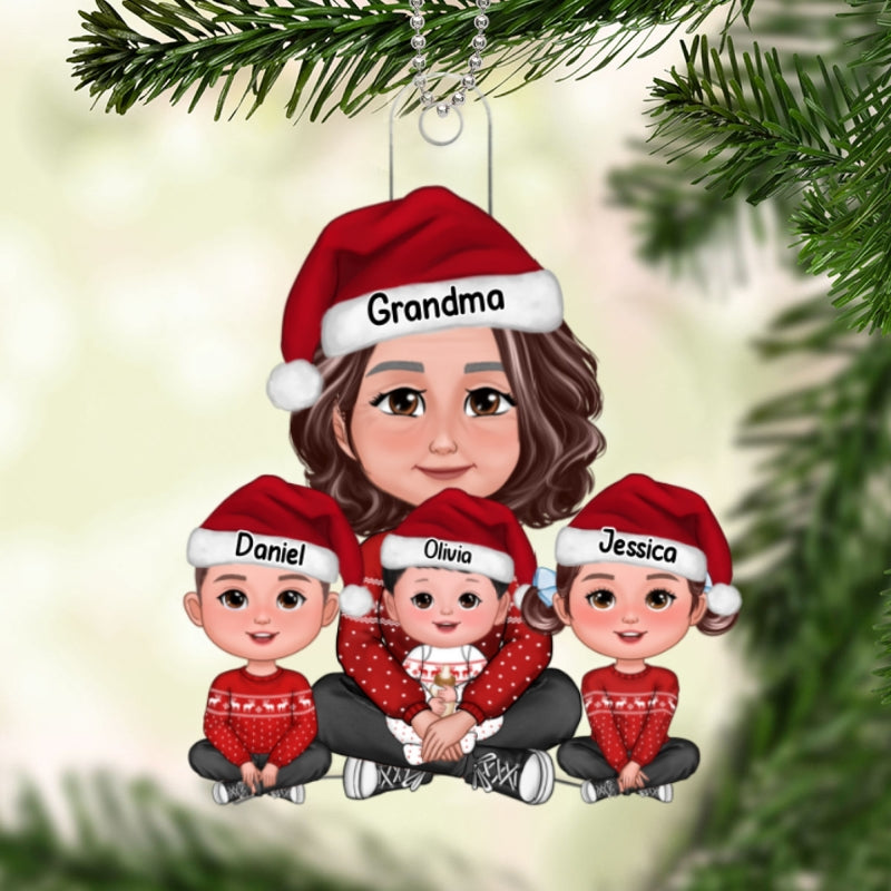 Grandma & Grandkids Sitting Crossed Legs Gift For Grandson Granddaughter Personalized Acrylic Ornament