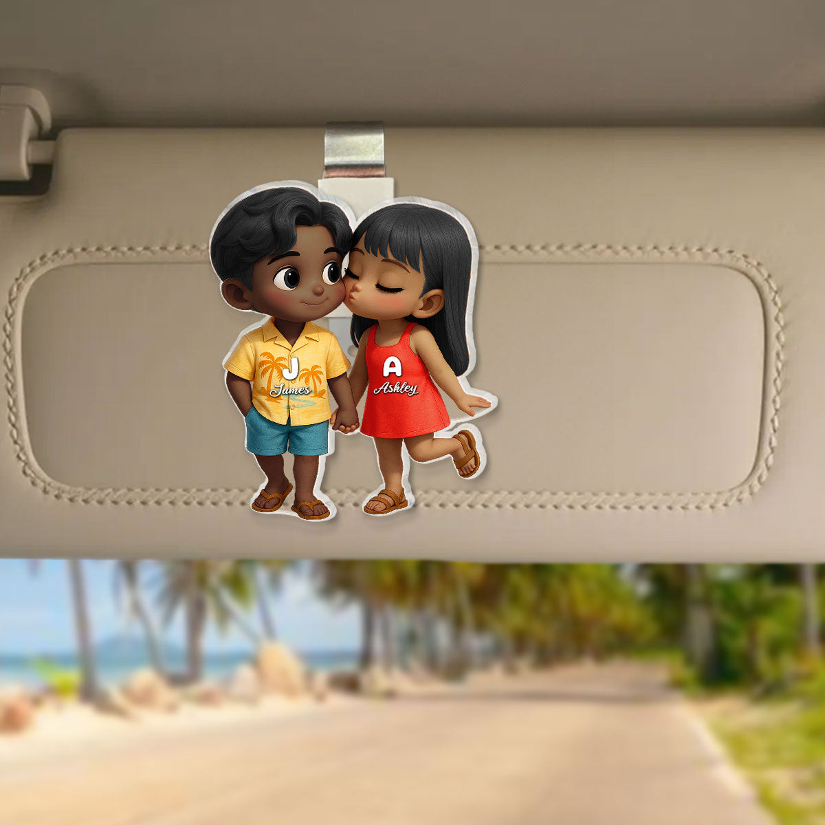Cute Cartoon Couple Summer Vibe Personalized Acrylic Car Visor, Gift for him, Gift for her