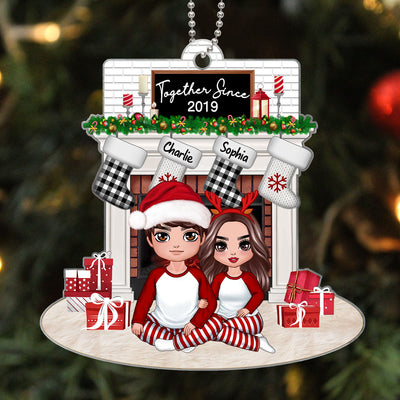 Couple Sitting Hugging At Christmas Fireplace Personalized Acrylic Ornament
