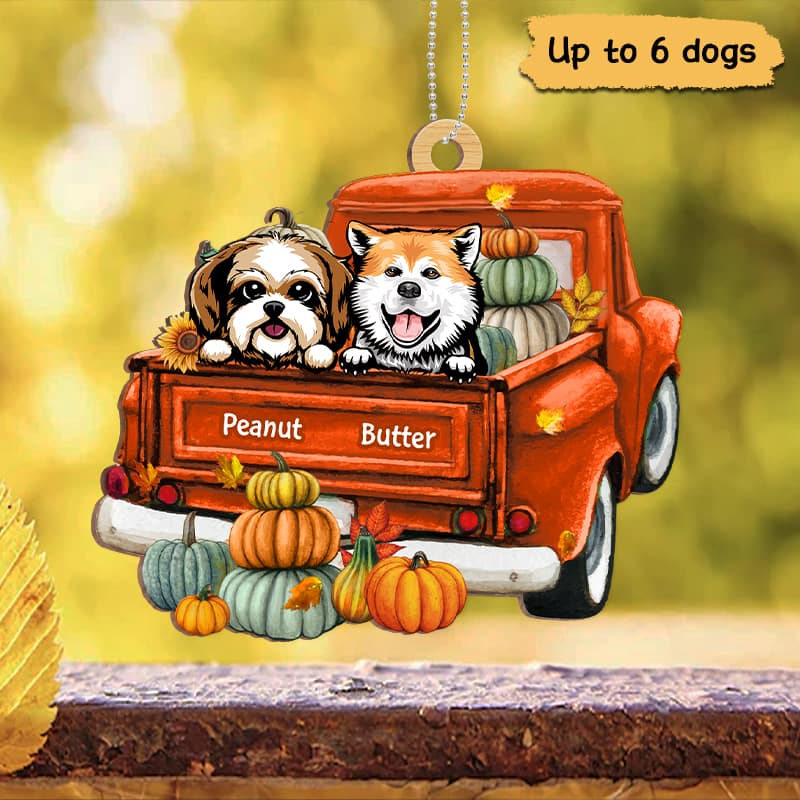 Fall Season Dogs Truck Pumpkin Personalized Wooden Ornament