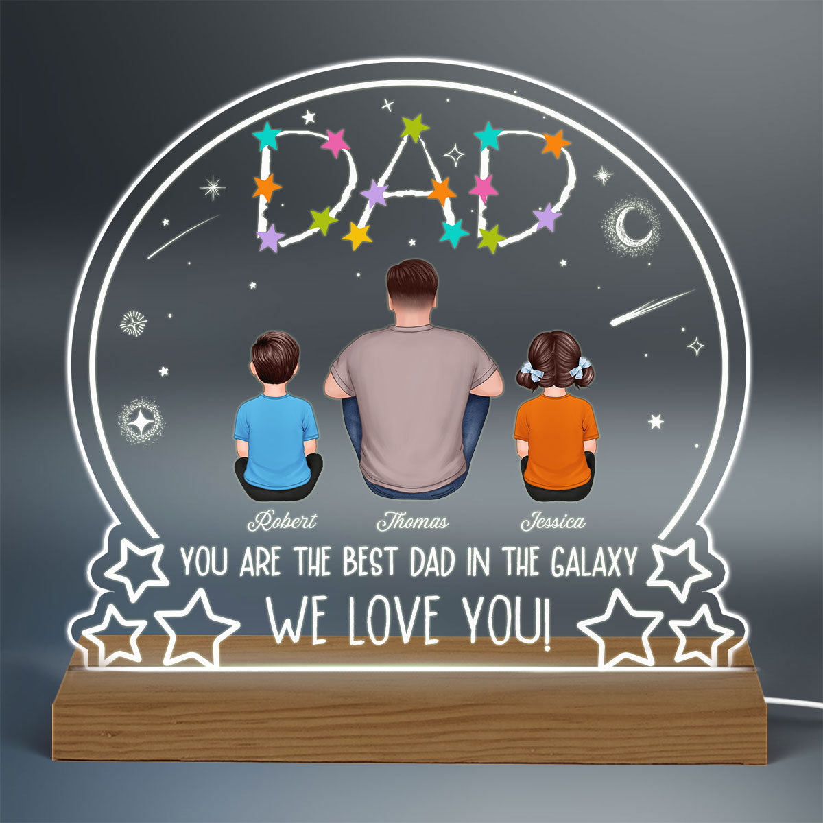 Stars Dad Best Dad In The Galaxy Back View Man Sitting With Kids Dogs Cats Personalized Custom Shape Acrylic Plaque Warm LED Night Light