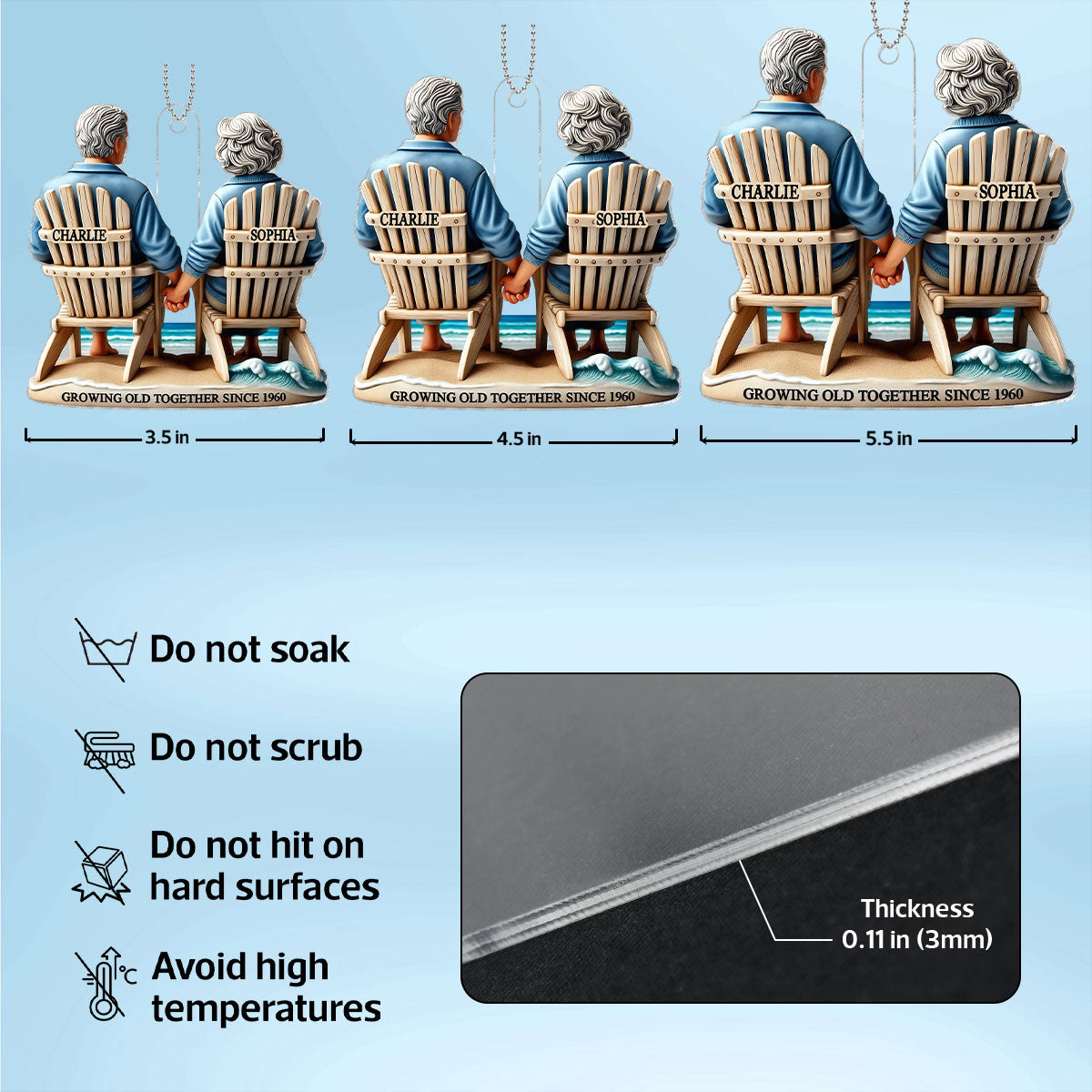 3D Effect Old Couple Sitting On The Beach Growing Old Together Since Personalized Car Hanger Ornament, Heartfelt Gift For Couple, For Him, For Her, Husband, Wife