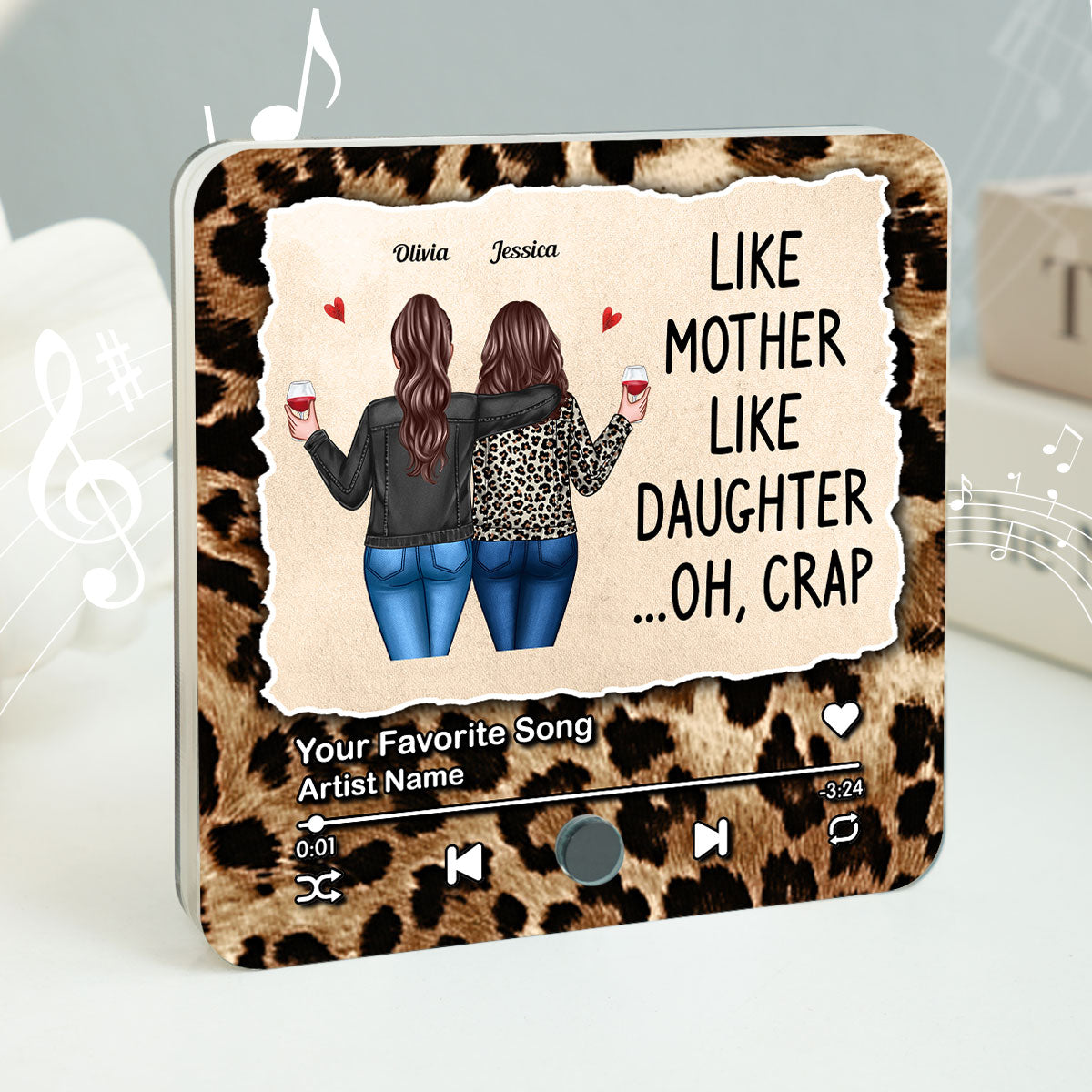 Like Mother Like Daughter Leopard Pattern Personalized Music Fridge Magnet, Funny Gift for Mom, Gift for her