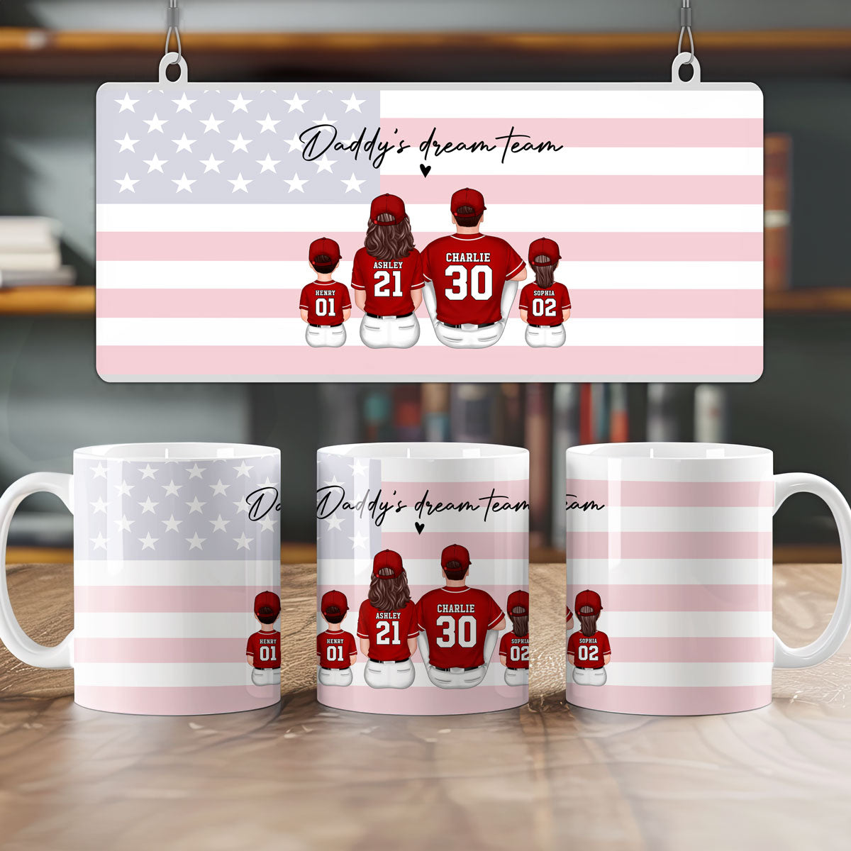 Daddy's Team Baseball Family Sitting Personalized AOP Mug, Perfect Gift For Dad, Grandpa, Husband