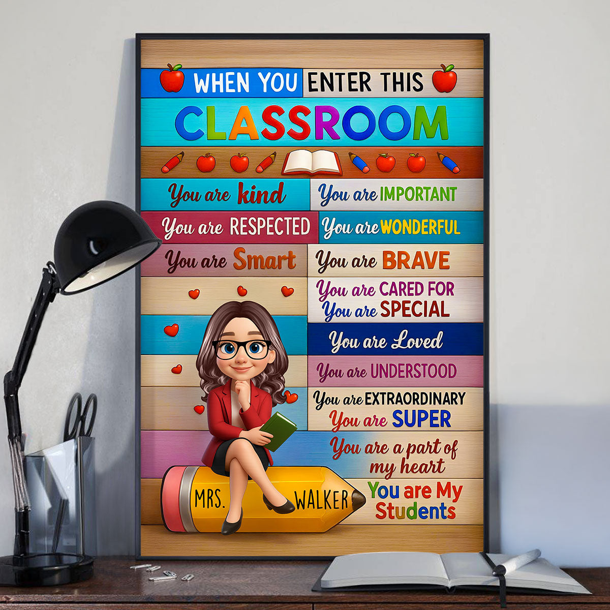 3D Cartoon Teacher Sitting On Pencil Personalized Poster, Classroom Decoration, Back To School Gift For Teacher