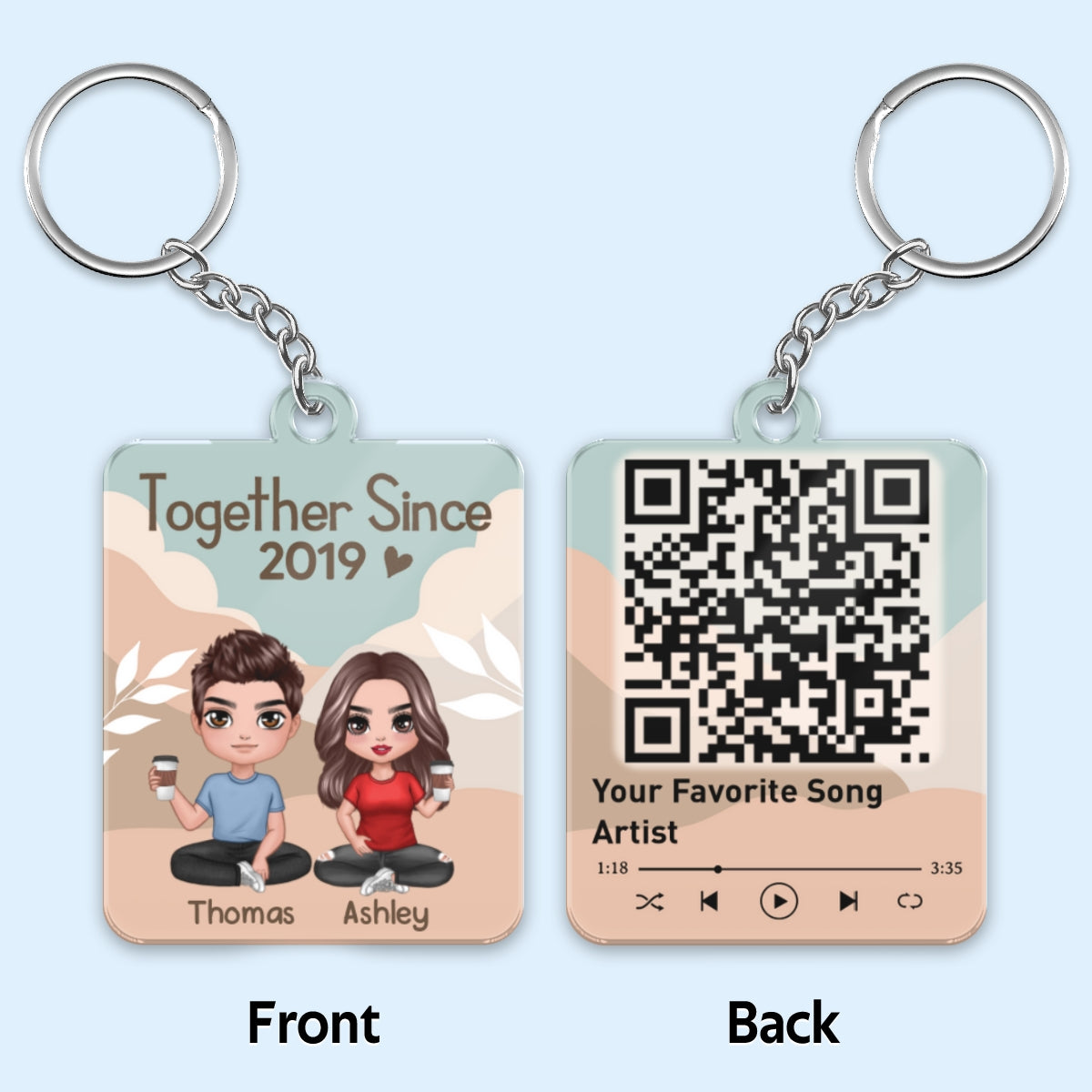 Doll Couple Sitting Abstract Boho Favorite Song QR Code Personalized Acrylic Keychain