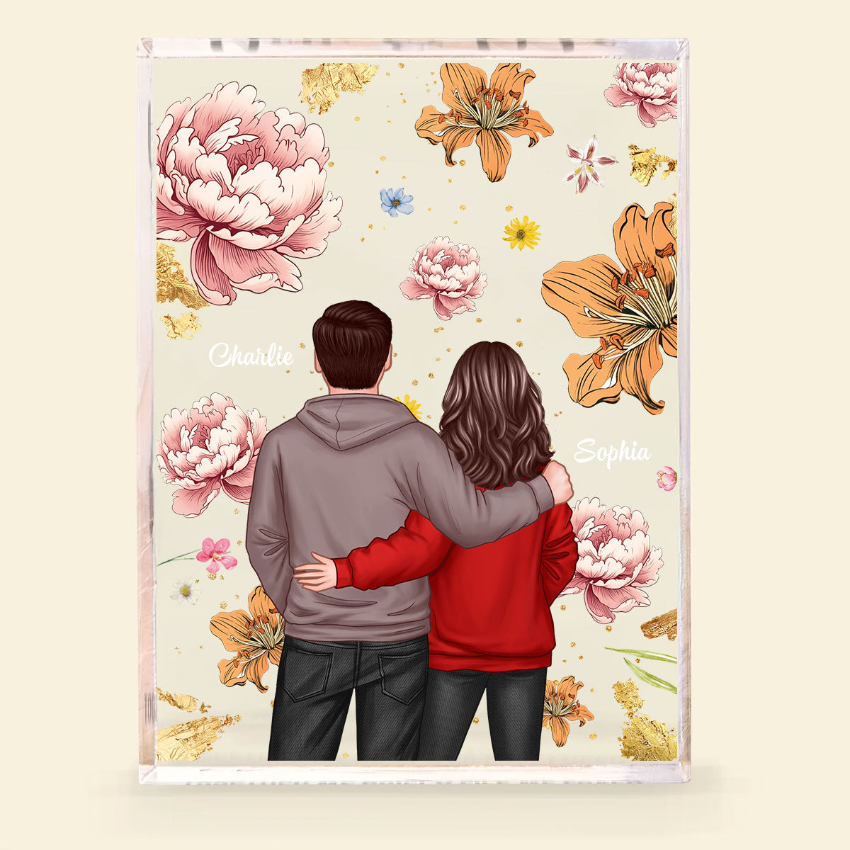 Couple Hugging Back View Birth Month Flower Personalized Acrylic Block Plaque, Heartfelt 2025  Gift, Anniversary Gift For Girlfriend, For Wife