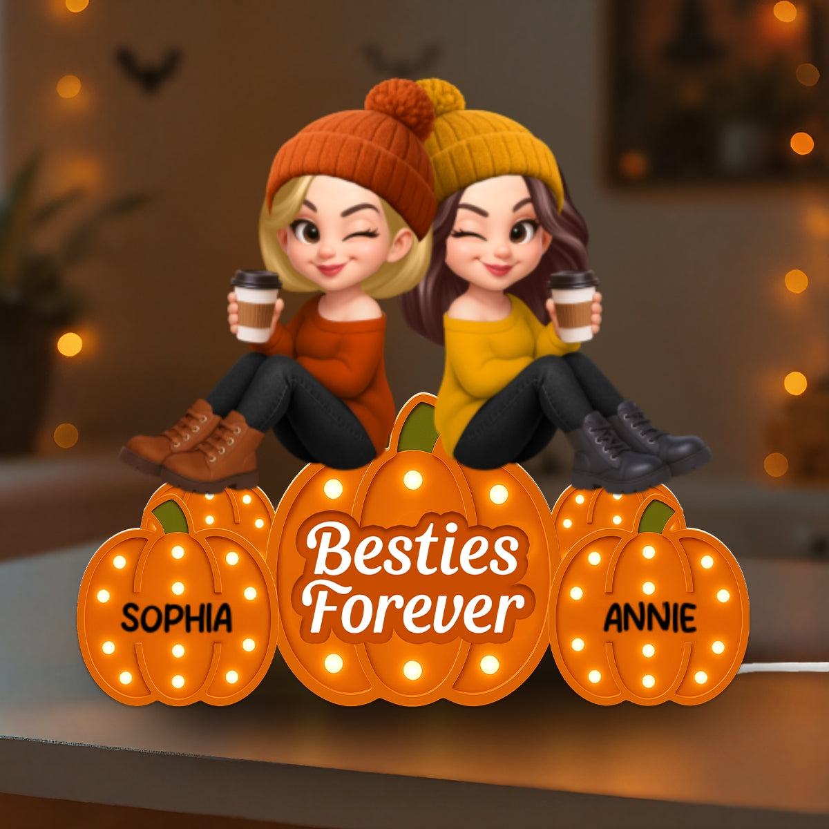 Fall Season Besties Sitting On Marquee Pattern Texture Pumpkins Personalized LED Light Box, Fall Gift For Best Friends