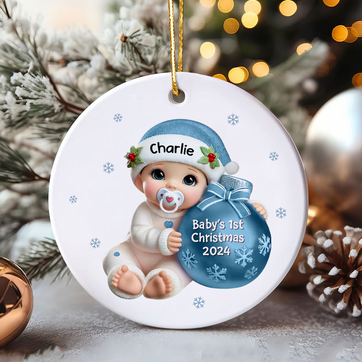 Baby Beside Christmas Bauble Baby's First Christmas Personalized Flat Ceramic Ornament