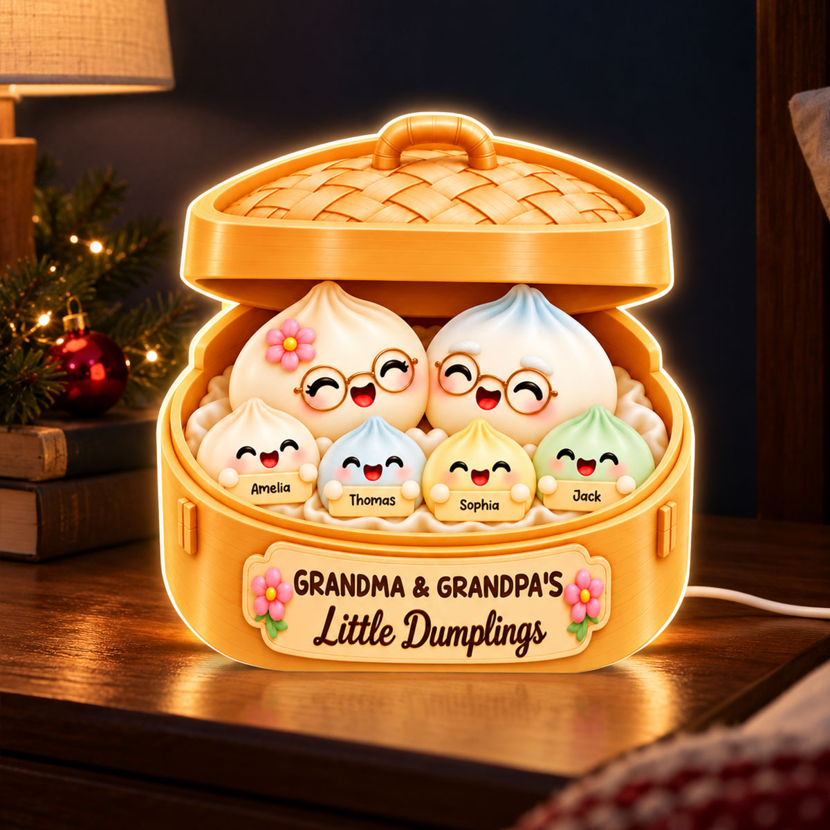 Cute Dumplings Grandma Grandpa and Grandkids - Personalized Light Box - Christmas Gift for Grandparents, Christmas Decor For Grandpa, Grandma