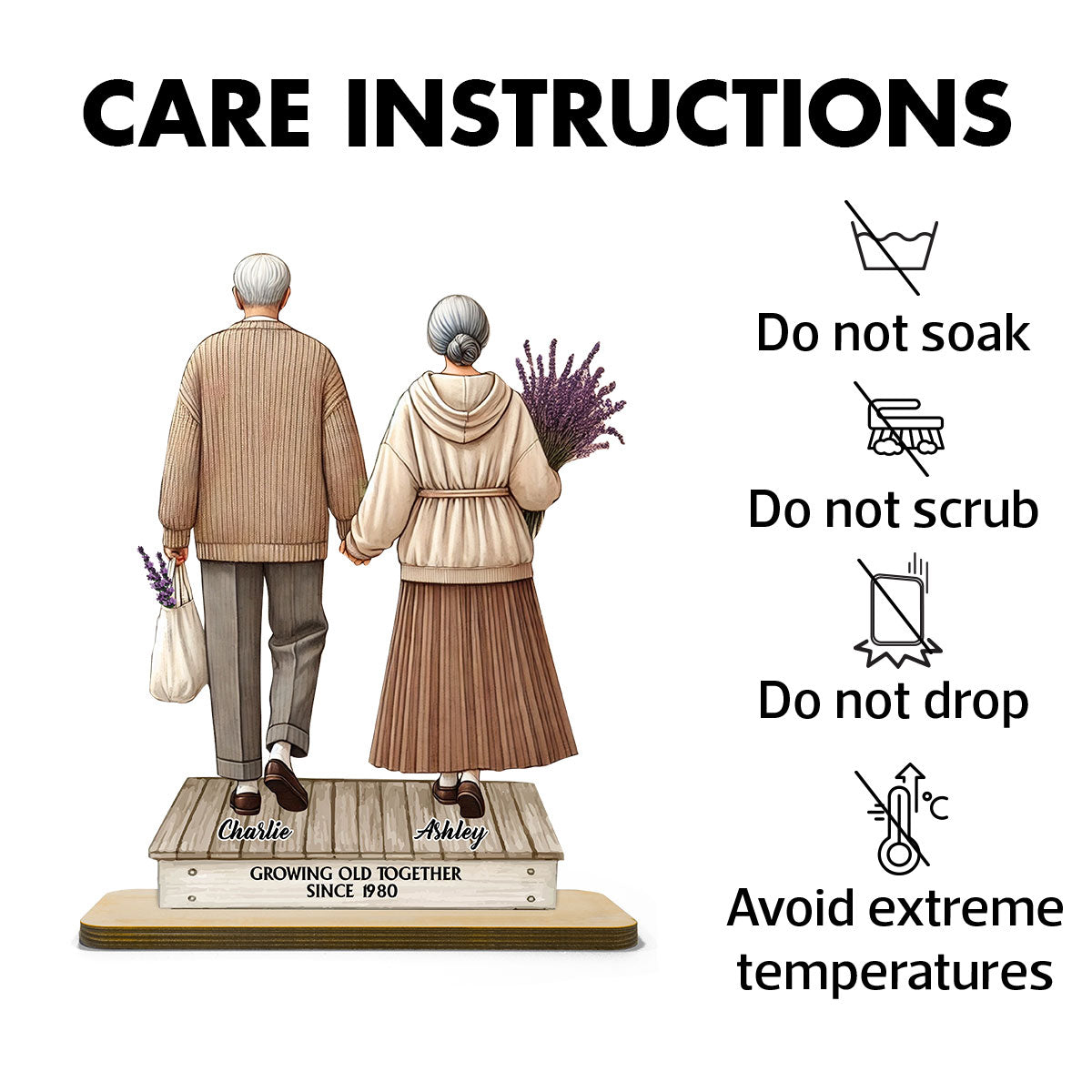 Old Couple Holding Hands Walking Personalized Standing Wooden Plaque