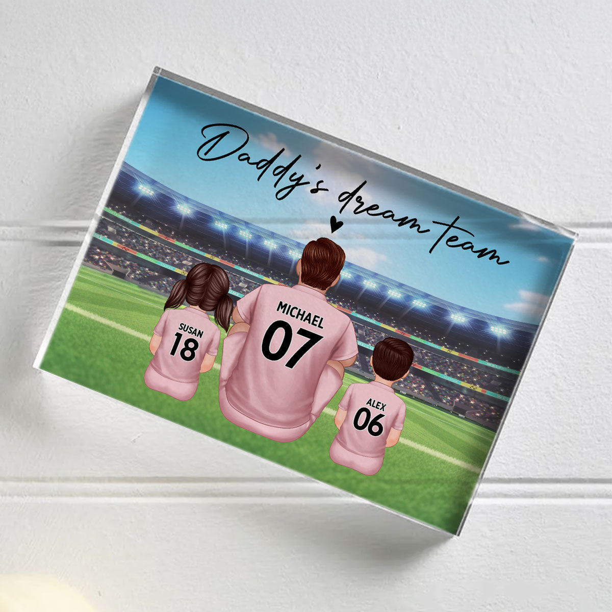 Daddy's Team Soccer Family Sitting Back View Personalized Acrylic Block, Father's Day Gift