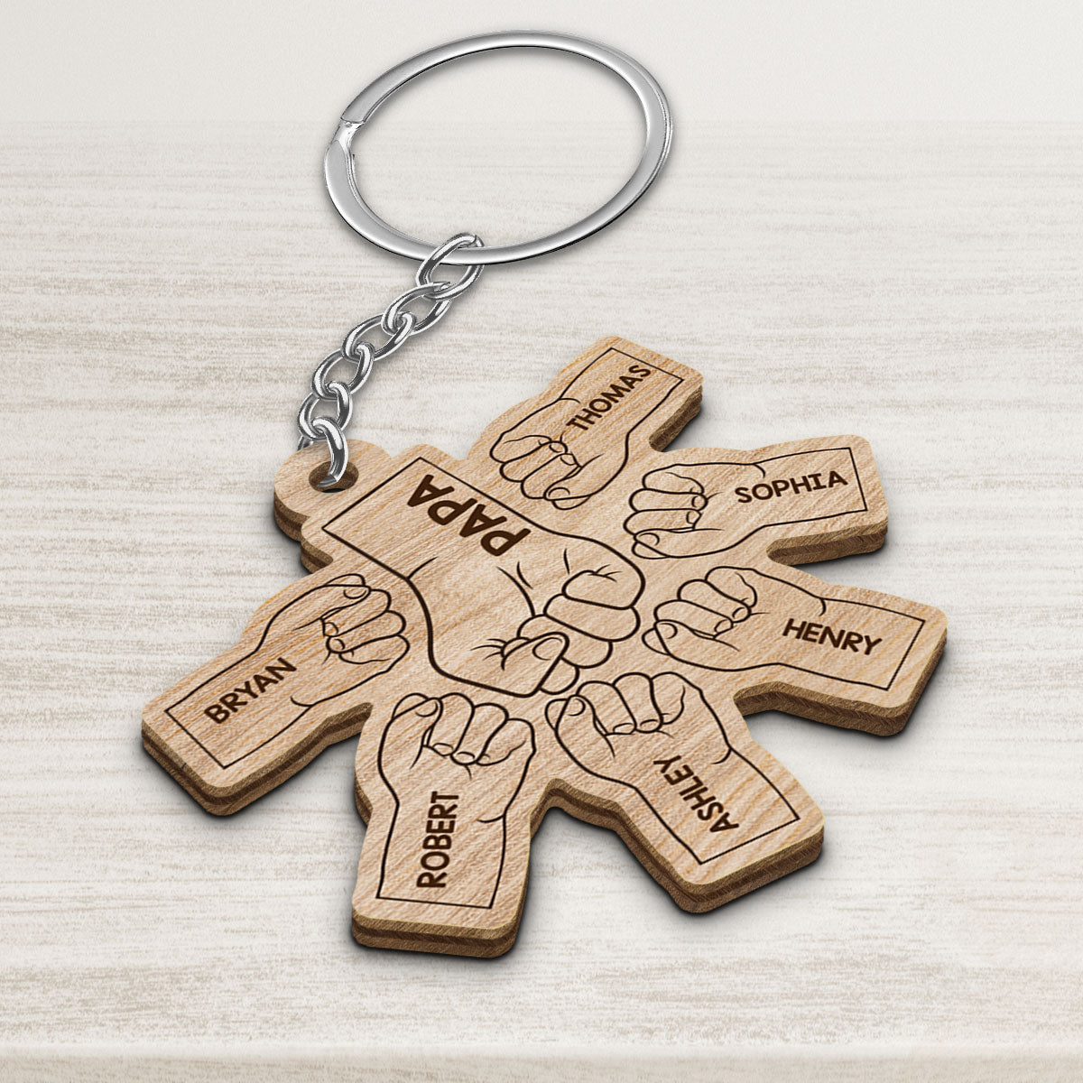 Dad Grandpa And Kids Fist Bump Hands Father‘s Day Gift Personalized Wooden Keychain