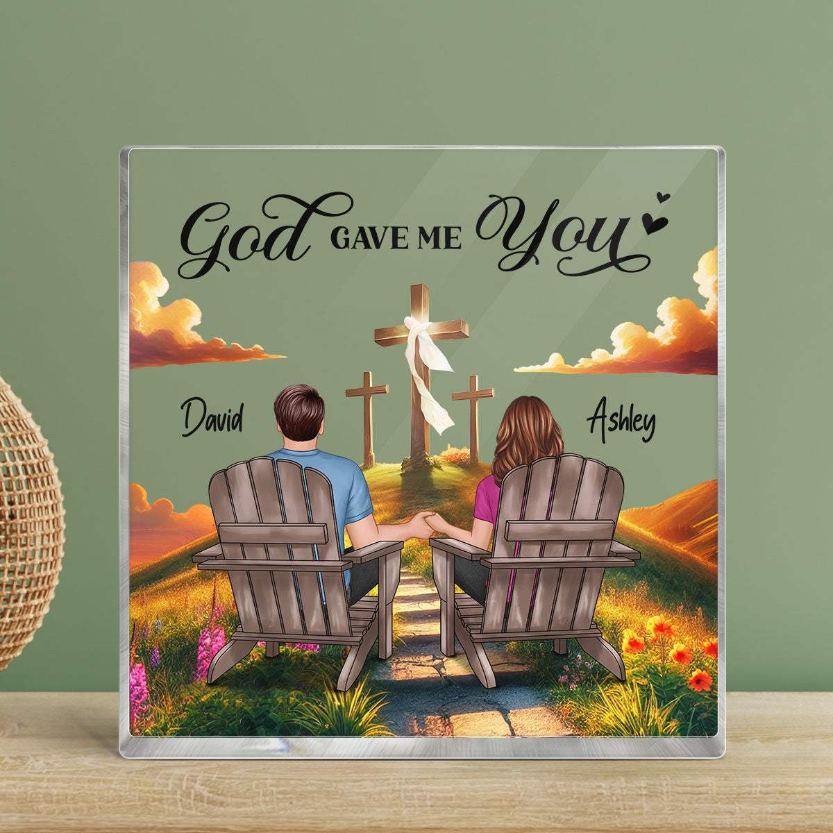 Cross God Knew My Heart Needed You Old Couple Sitting Together Personalized Acrylic Block Plaque, Anniversary  Gift For Him, Her, Husband, Wife