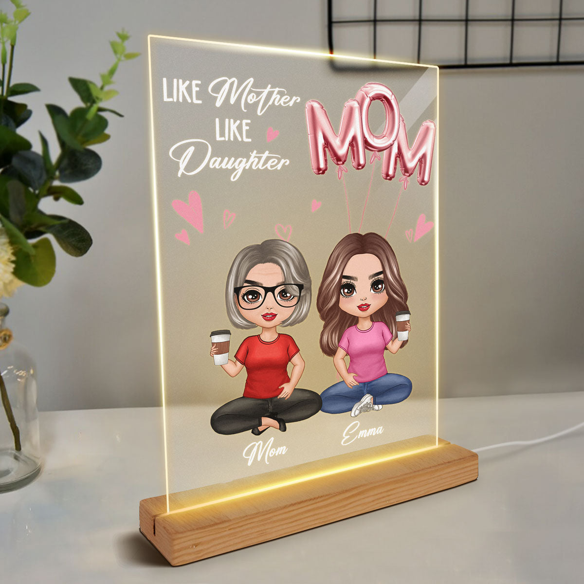 We Love You Mom Balloon Sitting Doll Mom Daughter Personalized Rectangle Acrylic Plaque With LED Night Light