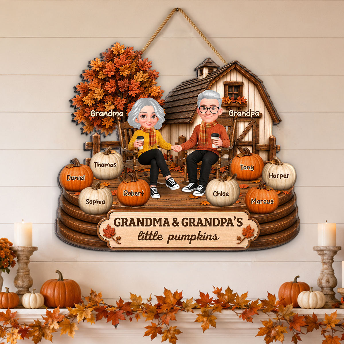 Fall Season Cozy Warm Farmhouse Style Grandma Grandpa Little Pumpkins - Personalized Wood Sign - Fall Decor For Grandparents