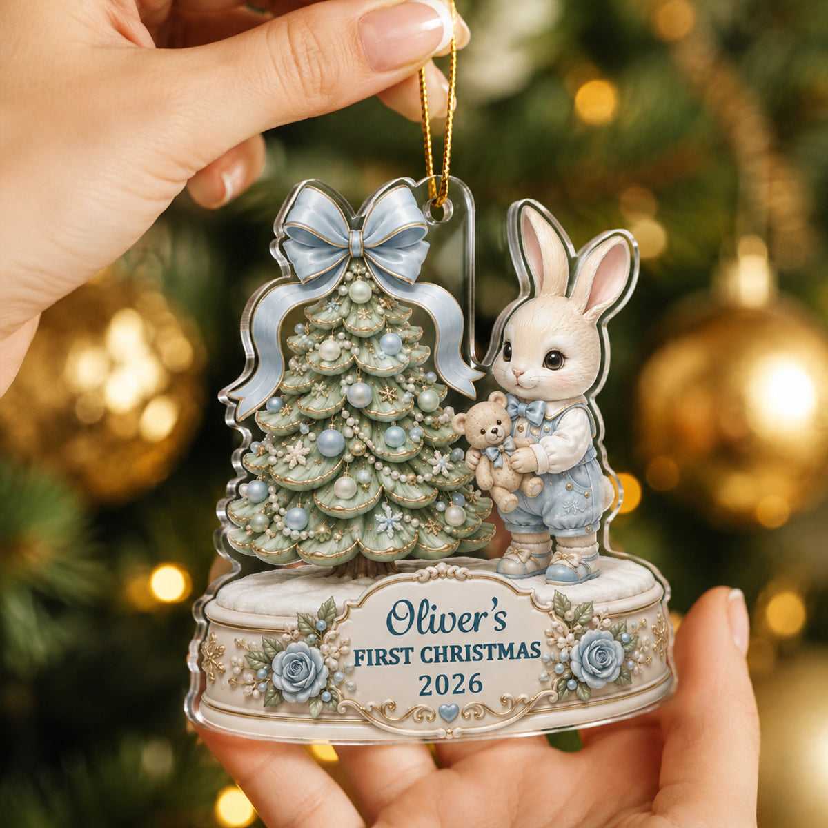 Baby's First Christmas Cute Rabbit - Personalized Acrylic Ornament - Newborn Gift