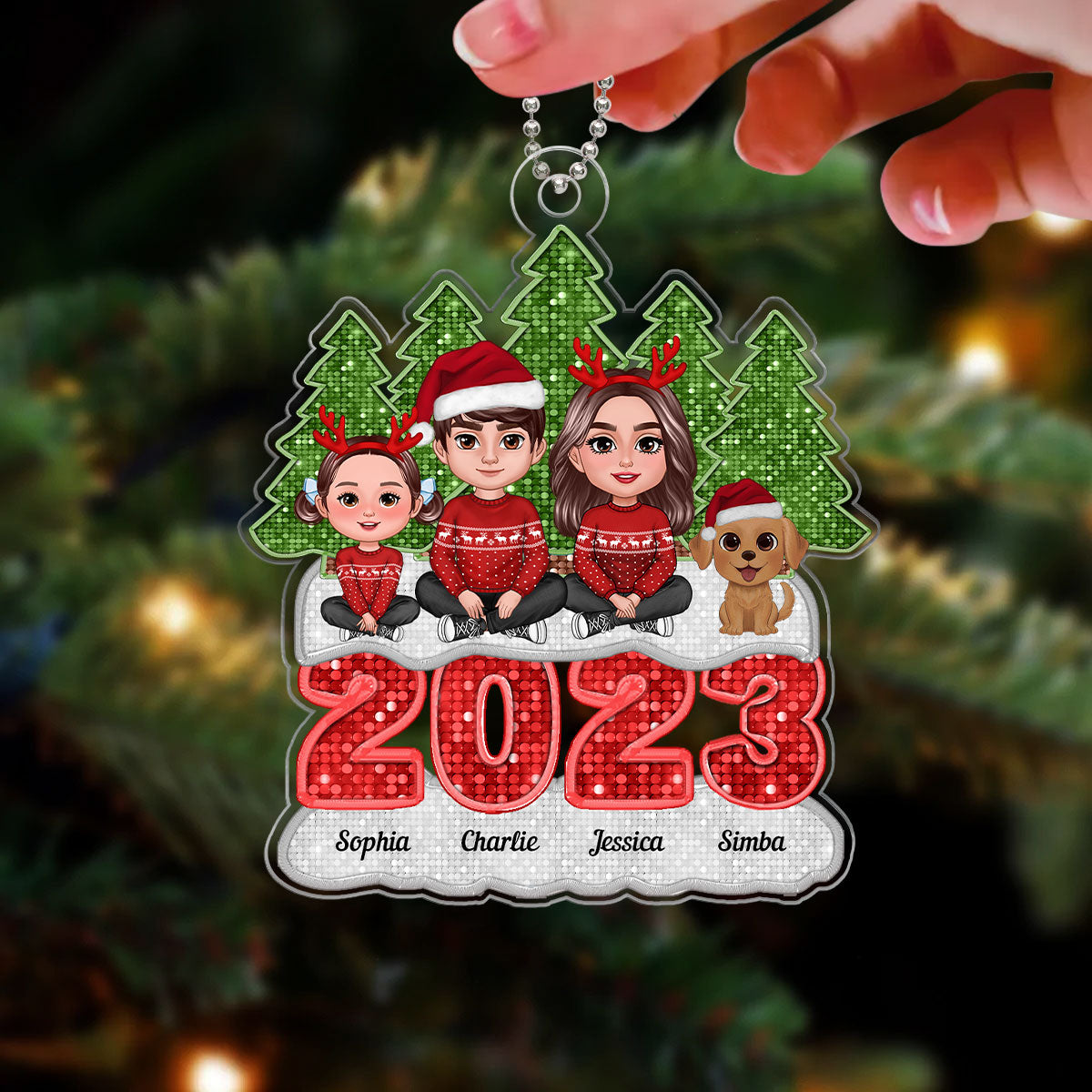 Faux Sequins Family Sitting On 2023 Christmas Tree Line Personalized Acrylic Ornament