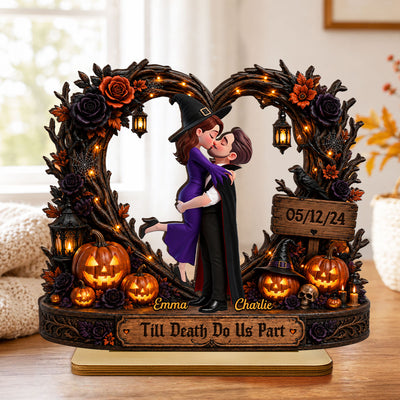 Spooky Couple Heart Till Death Do Us Part - Personalized 2-Layered Wooden Plaque - Halloween Decor Gift, Gift For Couple