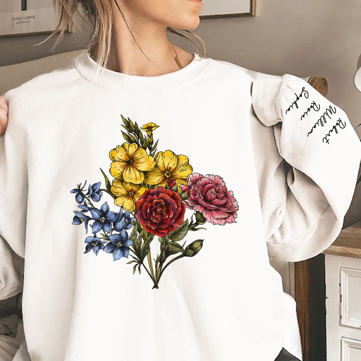 Custom Birth Month Flower Bouquet, Grandma Garden, Gift, Personalized Sleeve Printed Sweatshirt
