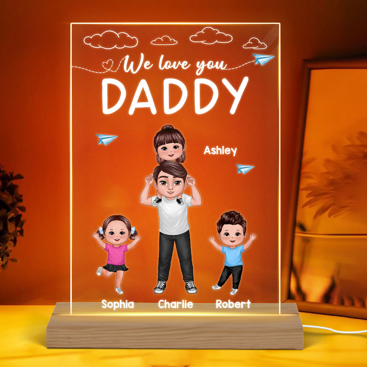 Dad We Love You Doll Dad Piggyback With Happy Kids Personalized Rectangle Acrylic Plaque LED Night Light