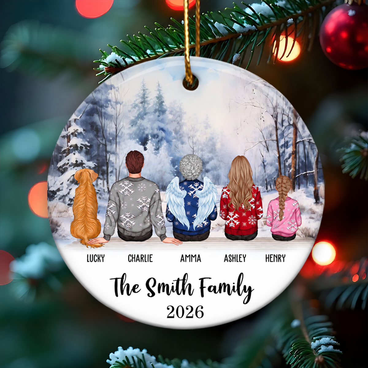 Personalized Big Christmas Family Ornament, Sitting Family Back View, Merry Christmas