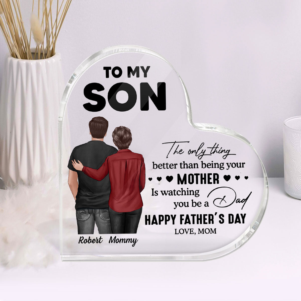 From Mom To Son Happy Father's Day Personalized Heart Acrylic Block Plaque, Heartfelt Father's Day Gift For Son