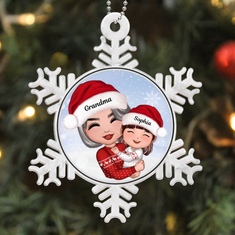 Doll Grandma Hugging Grandkid Personalized Snowflake Shaped Acrylic Ornament