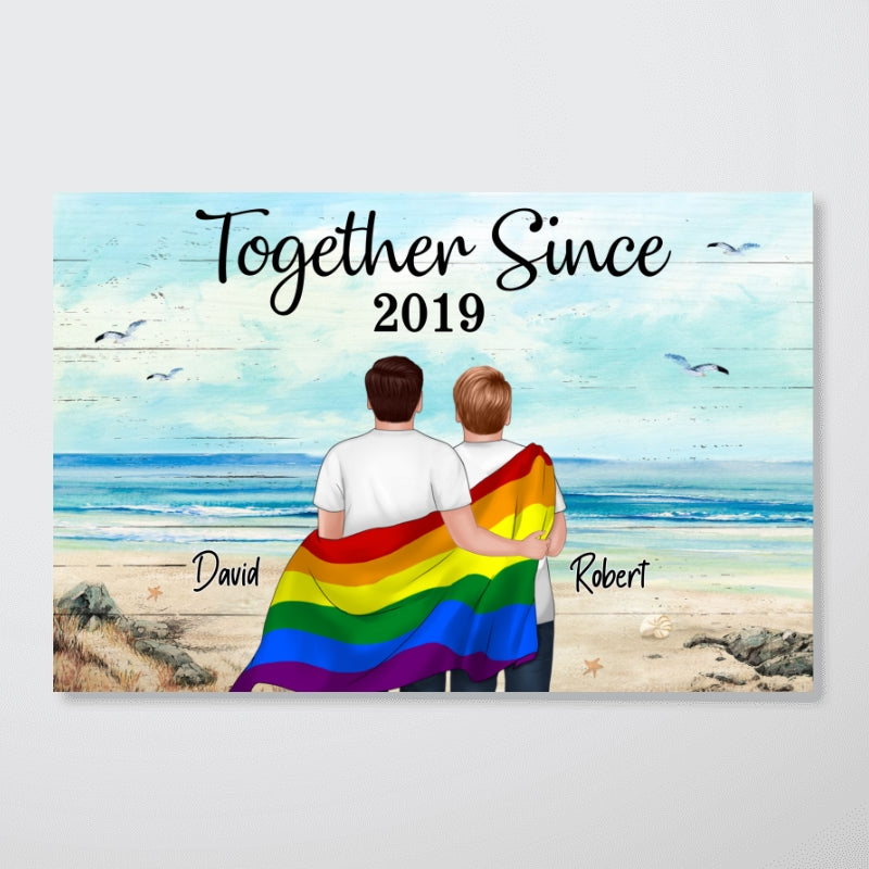 LGBTQ Couple Flag Beach Landscape Personalized Poster, Pride Month gift