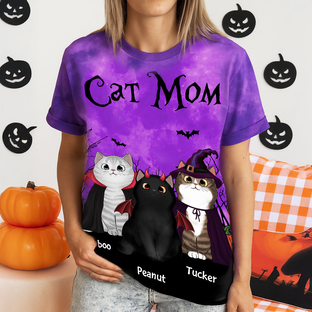 Cat Mom Halloween Moon Light Bat Tree Witchy Theme Personalized Shirt, Purrfect Costume for Cat Lover