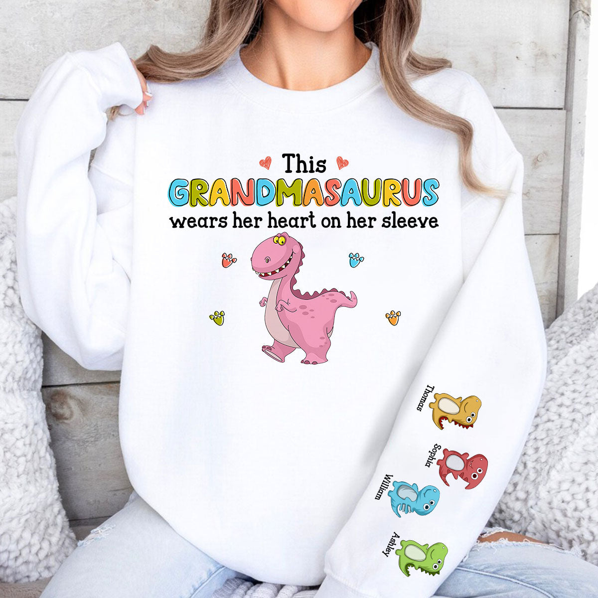 This Grandmasaurus Wears Her Heart On Her Sleeve Personalized Sleeve Printed Sweatshirt