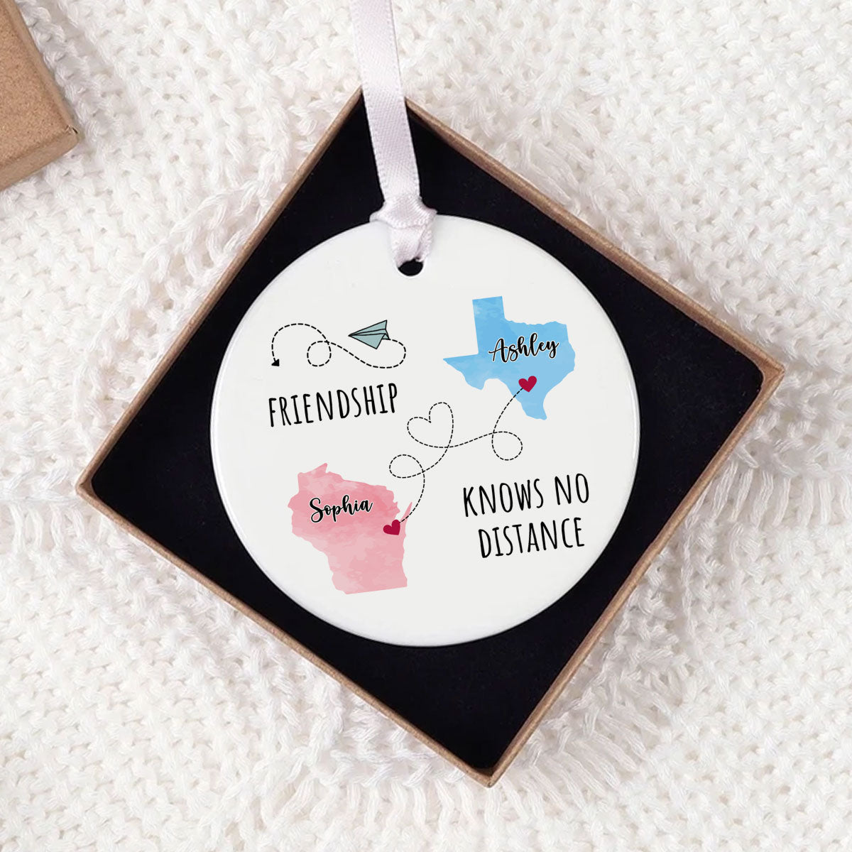 Friendship Sisters Family Love Knows No Distance Personalized Circle Ceramic Ornament, Long Distance State To State Togetherness Gift