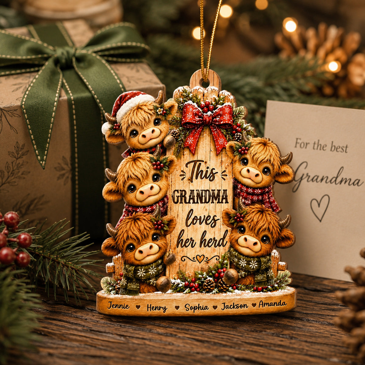 This Grandma Loves Her Herd - Personalized Wooden Ornament - Christmas Gift for Grandma