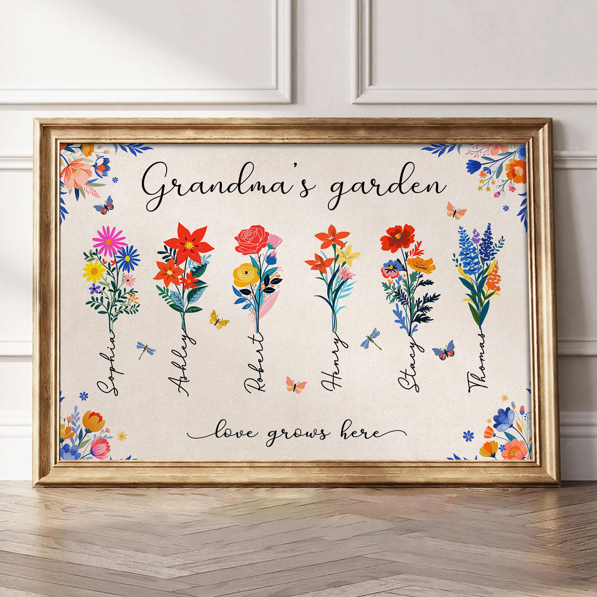 Grandma's Garden Modern Botanical Folk Art Birth Month Flower Personalized Poster, Gift For Grandma