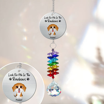 Dog Pet Memorial Look For Me In The Rainbows Personalized Crystal Suncatcher With Aluminum Charm