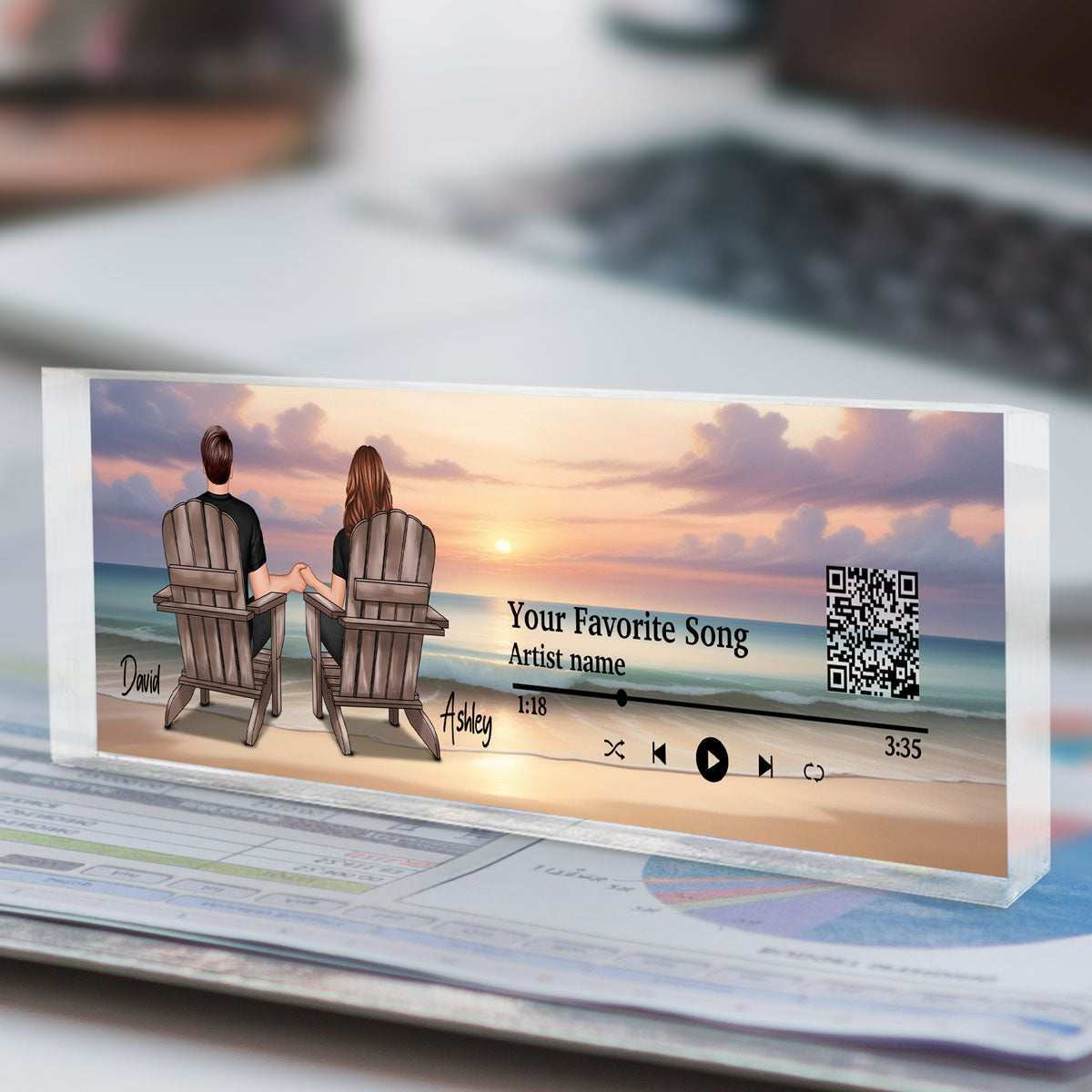 Couple Back View At Beach Favorite Song QR Code Personalized Acrylic Desk Block Plaque