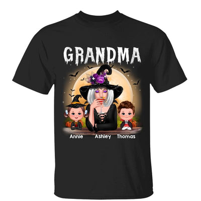 Grandma Mom Witch With GrandKids Halloween Personalized Shirt (Dark Color Shirt)