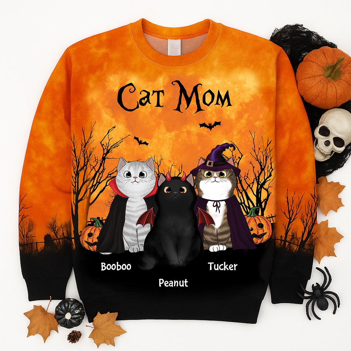 Cat Mom Halloween Moon Light Bat Tree Personalized Sweatshirt, Purrfect Costume for Cat Lover