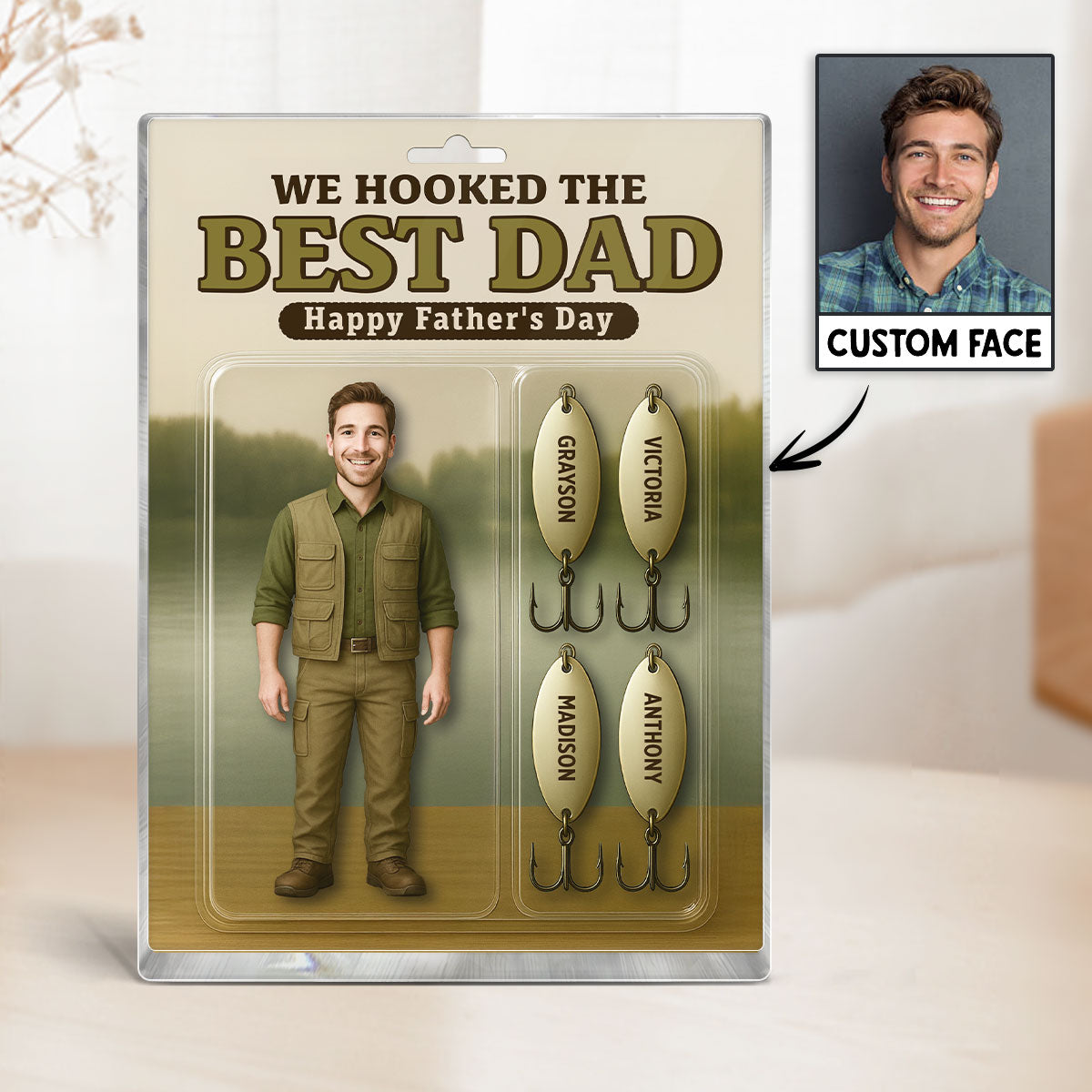 3D Effect Hooked On The Best Dad Fishing Custom Figure Personalized Rectangle Flat Acrylic Block Plaque