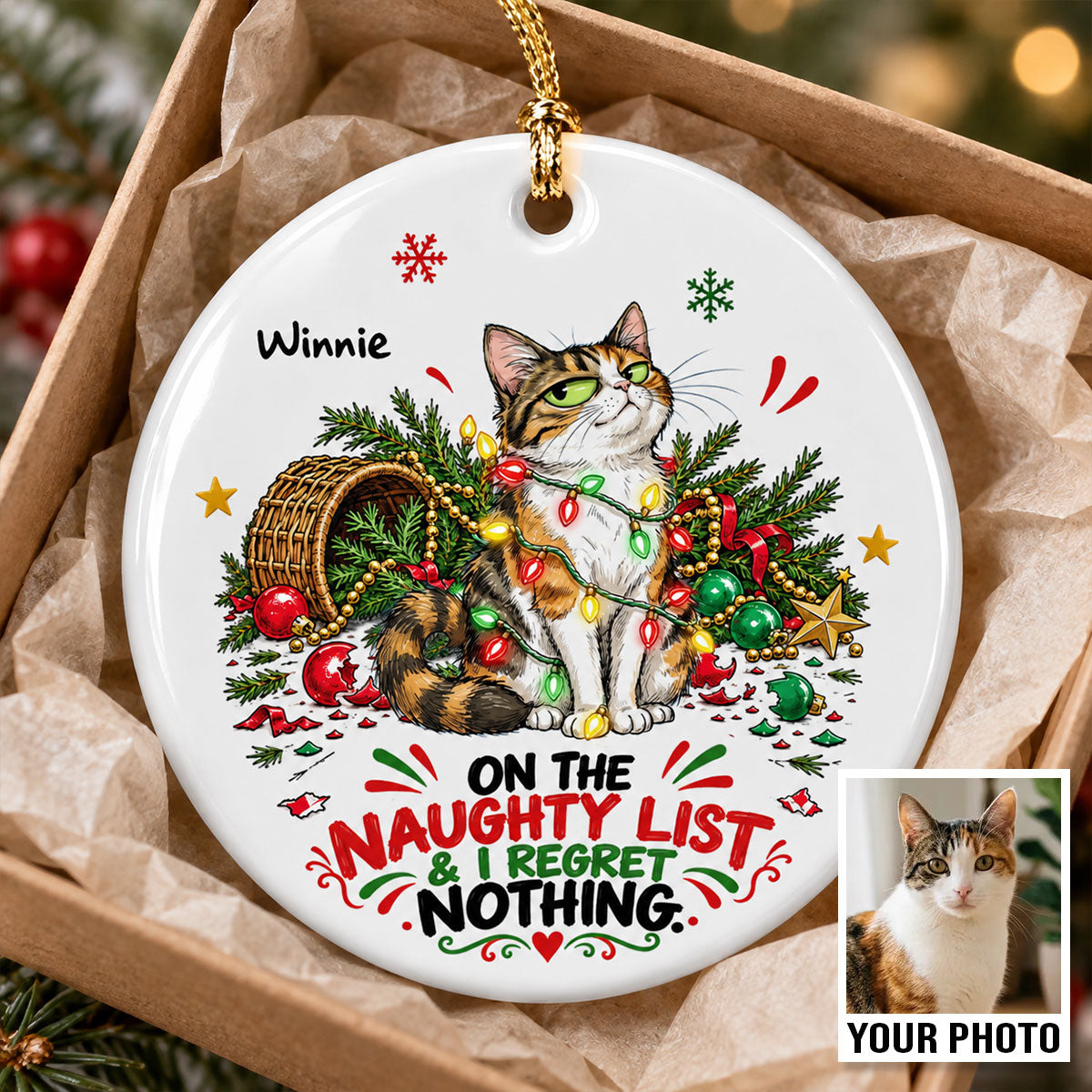 Everything Is Fine Bossy Cat Portrait From Your Photo - Personalized Ceramic Ornament - Funny Christmas Tree Decor For Cat Lovers