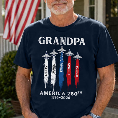 Grandpa Dad Patriotic Jet Fighter Custom Kids Names - Personalized Shirt - Father's Day Gift, America 250th Anniversary, 1776 - 2026