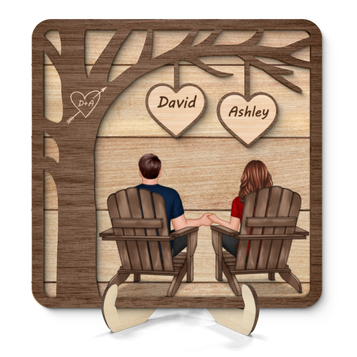 Back View Couple Sitting Under Tree Valentine‘s Gift For Him For Her Personalized 2-Layer Wooden Plaque
