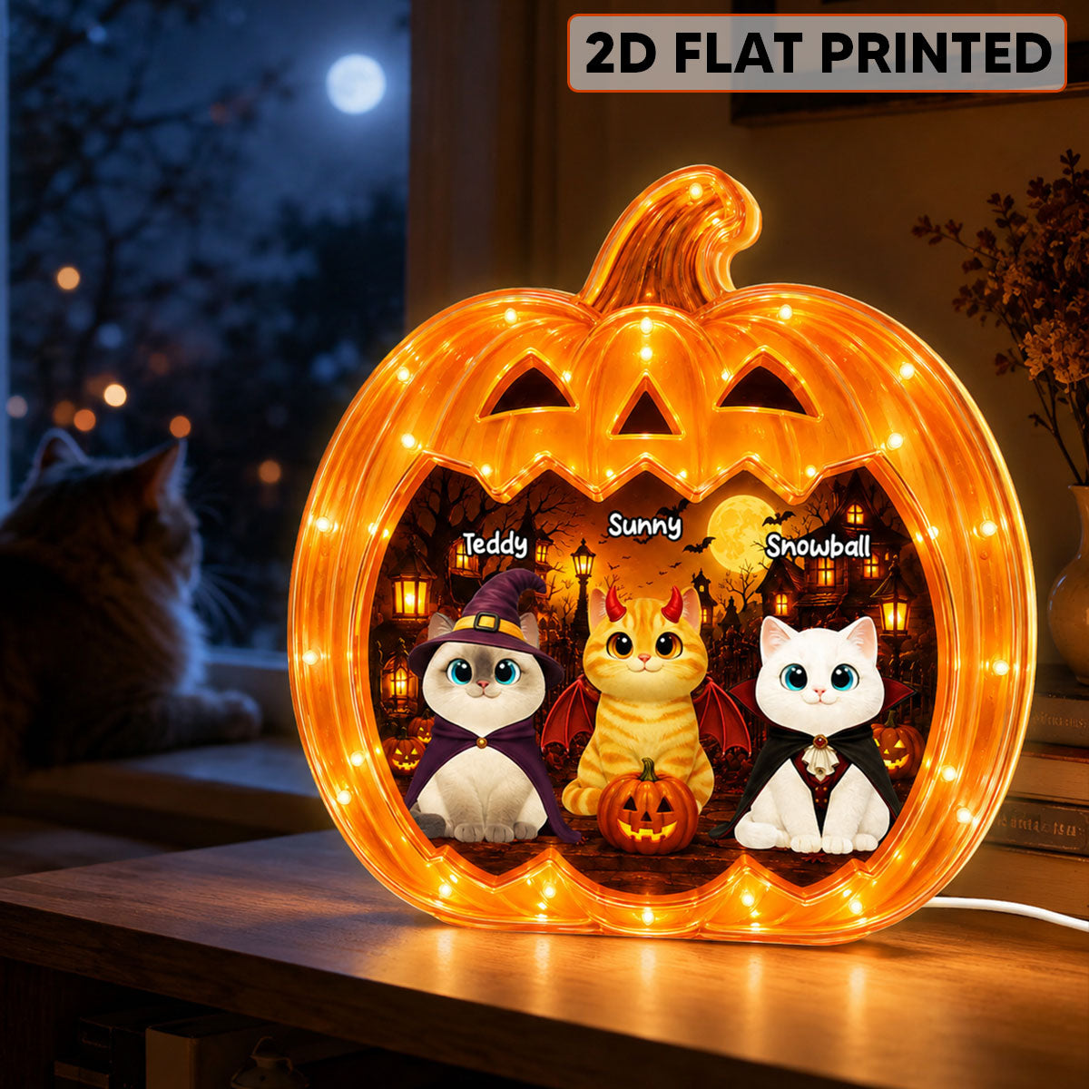 Spooky Halloween Pumpkin Cats - Personalized Light Box - Halloween Decor For Cat Lovers