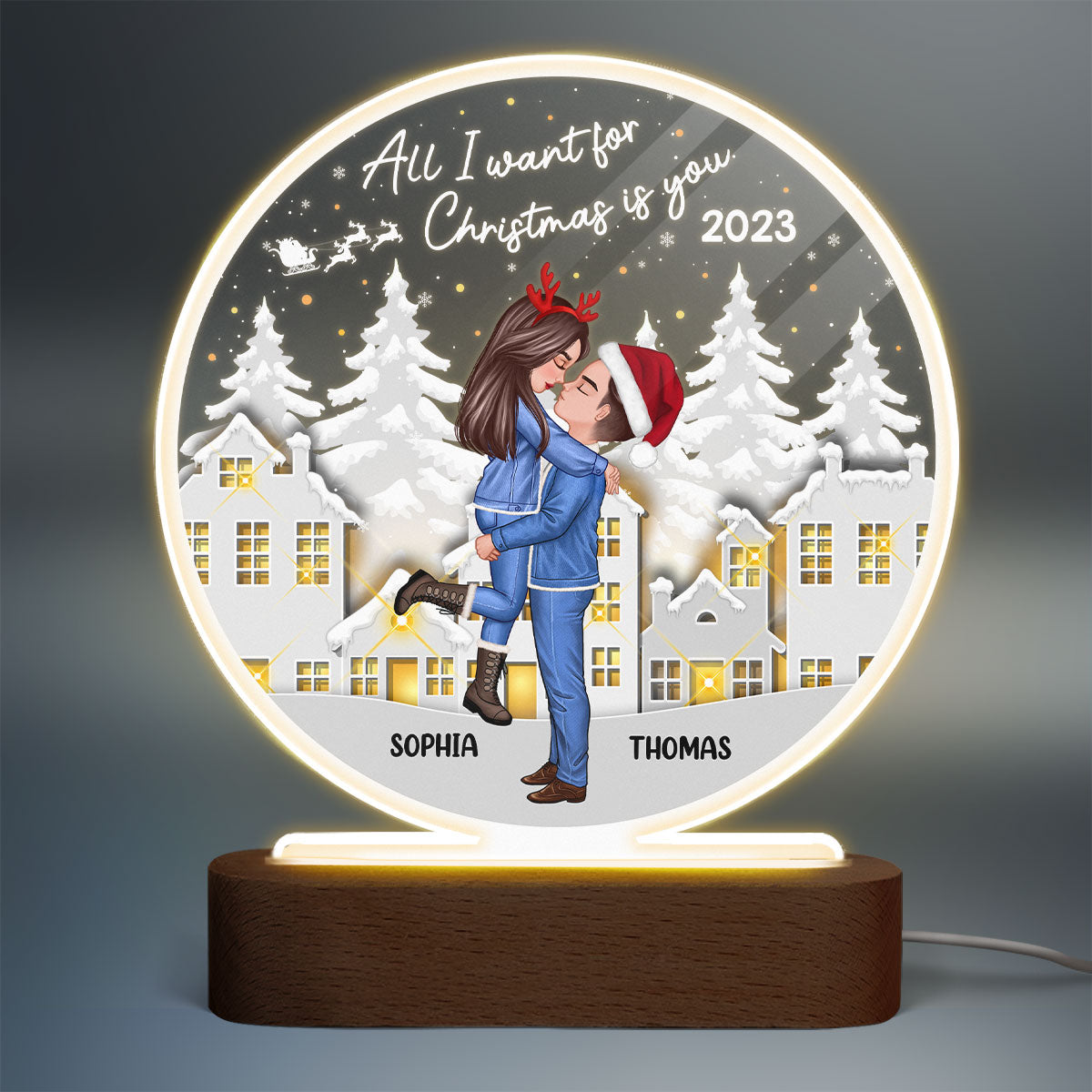White Christmas Hugging Kissing Couple Personalized Circle LED Night Light