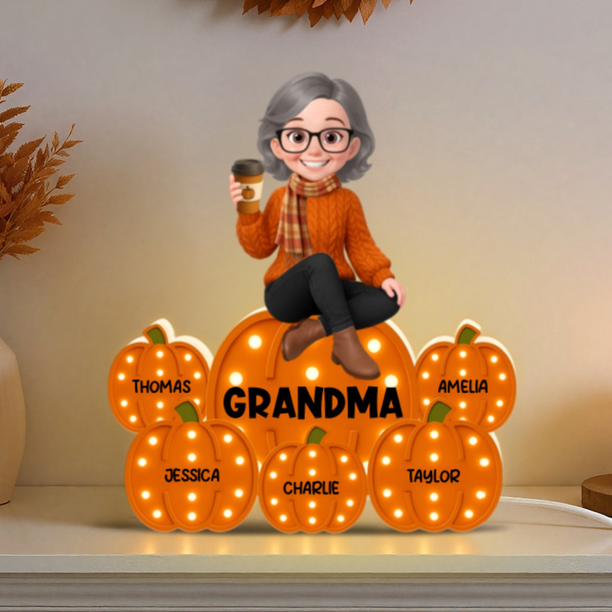 Fall Season Grandma Sitting On Marquee Pattern Texture Pumpkins Personalized LED Light Box, Cozy Grandma's Home Decoration