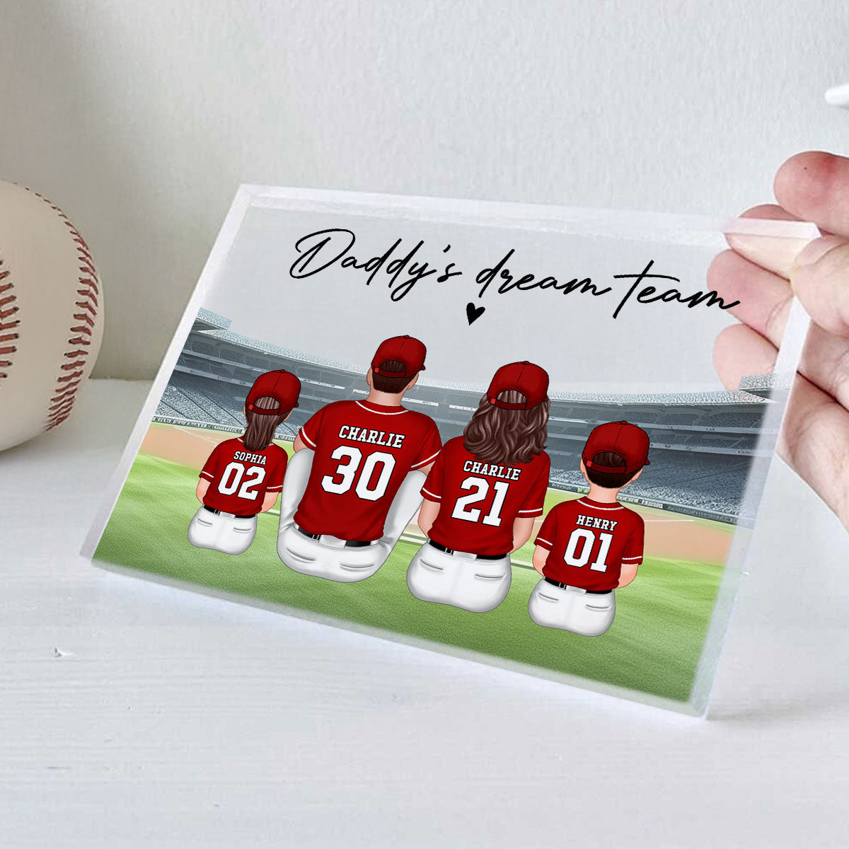 Daddy's Team Baseball Family Sitting Personalized Acrylic Block, Unique Father's Day Gift for Dad, Gift for Husband