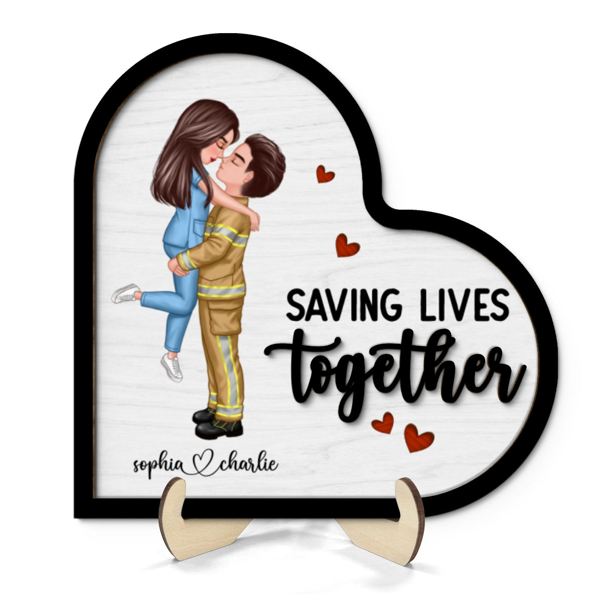 Saving Lives Together Couple Valentine‘s Day Gifts by Occupation Gift For Her Gift For Him Firefighter, Nurse, Police Officer Personalized 2-Layer Wooden Plaque
