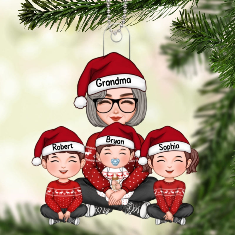 Grandma & Grandkids Cute Sitting Crossed Legs Personalized Acrylic Ornament